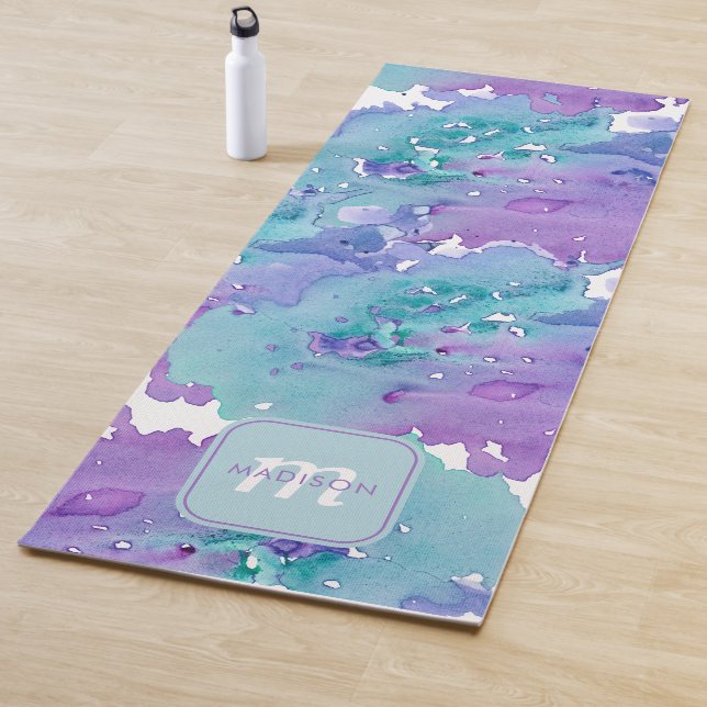 Tapis De Yoga Aquarelle violette et turquoise (En situation)