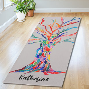 Tapis De Yoga Arbre arc-en-ciel gris nom personnalisé