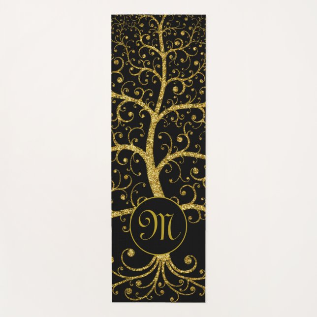Tapis De Yoga Arbre de vie Luxe Monogramme Or Noir (Devant)