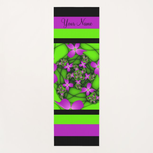 Tapis De Yoga Art Abstrait moderne Neon rose Vert Fractal Nom (Devant)