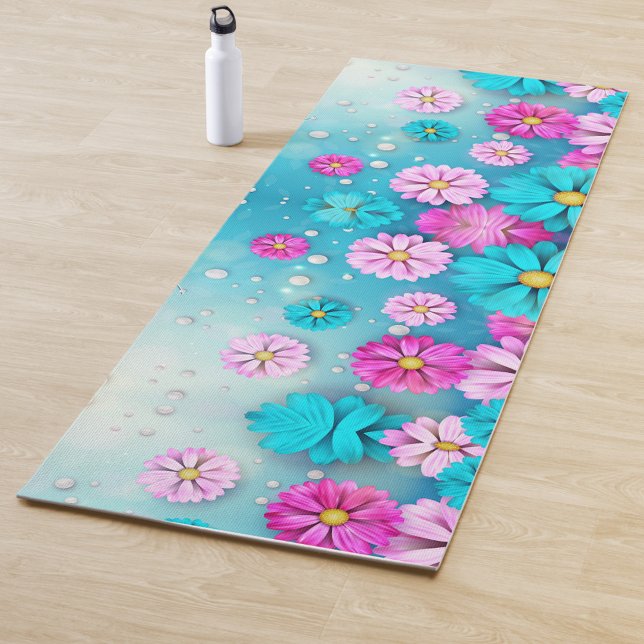 Tapis De Yoga Art Fleur Mind & Corps Yoga Mat (A vibrant yoga mat adorned with colorful flowers in shades of pink and blue.)