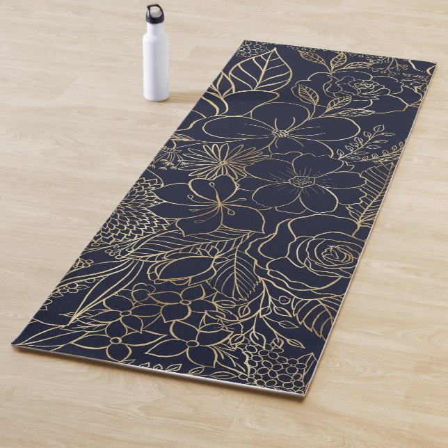 Tapis De Yoga Art moderne Gold Blue Floral Doodles (En situation)