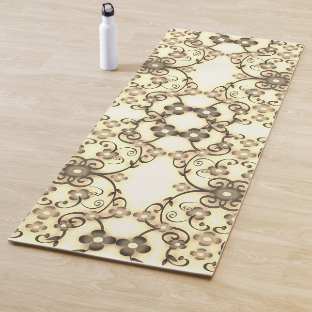 Tapis De Yoga Aspect dentelle de fleurs Sépia doré (En situation)