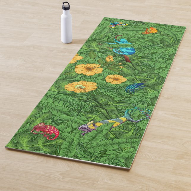 Tapis De Yoga Banane tropicale Feuilles Chameleons Hibiscus Fleu (En situation)