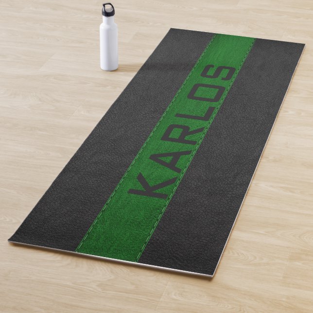 Tapis De Yoga Bandes en cuir cousu noir et vert (En situation)