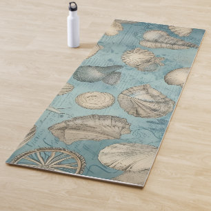 Tapis De Yoga Beaux Coquillages Vintages En Bleu