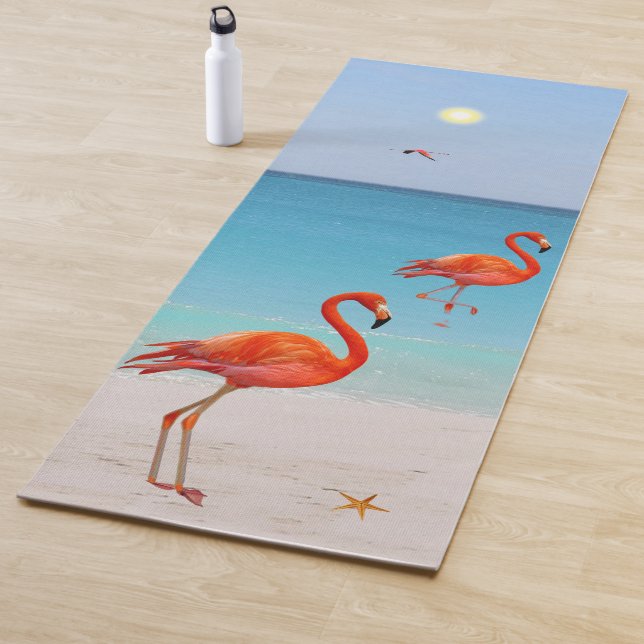 Tapis De Yoga Beaux Flamants roses sur la plage (En situation)