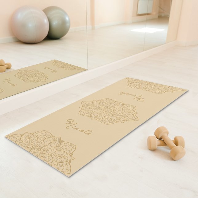 Tapis De Yoga Beige Beautiful Mandala With Custom Name (Disclaimer: This image is a digital mockup.)