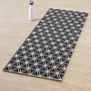 Tapis De Yoga Belle Fleur Blanche Motif de Vie sur Fond Noir