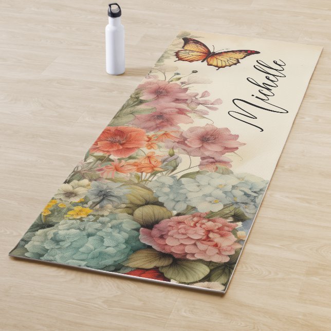 Tapis De Yoga Belles fleurs Vintages et papillon (En situation)