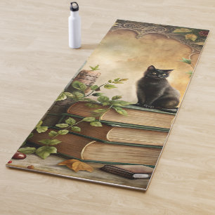 Tapis De Yoga Bibliothèque de chat noir enchantée