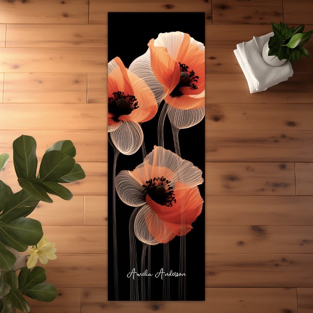 Tapis De Yoga Black Blanc Orange Abstraits Pépites Floral Élégan (Black White Orange Abstract Poppies Floral Elegant Yoga Mat)