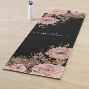 Tapis De Yoga Black Watercolor Blush Roses Floral Script Name