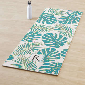Tapis De Yoga Bleu tropical, feuilles or et monogramme