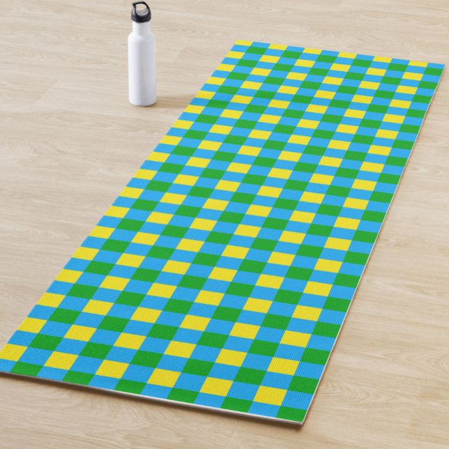 Tapis De Yoga Bleu Vert Jaune Chèque Plaid Design Motif (Créateur téléchargé)