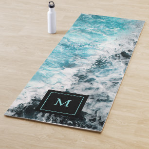 Tapis De Yoga Blue Black Ocean Waves Hawaii Monogramme
