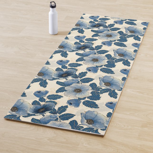 Tapis De Yoga Blue Floral Gold Parties scintillant japonais Ukiy (En situation)