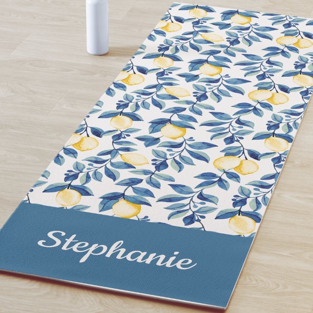 Tapis De Yoga Blue Lemon Watercolor Custom Name (Créateur téléchargé)