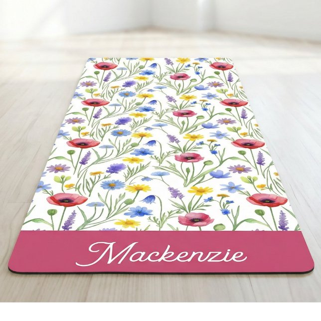 Tapis De Yoga Blue Pink Wildflower Botanical Custom Name  (Créateur téléchargé)