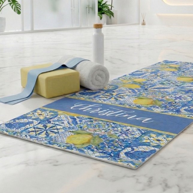 Tapis De Yoga Blue Tile French Country Lemon Pattern Provencal (Créateur téléchargé)