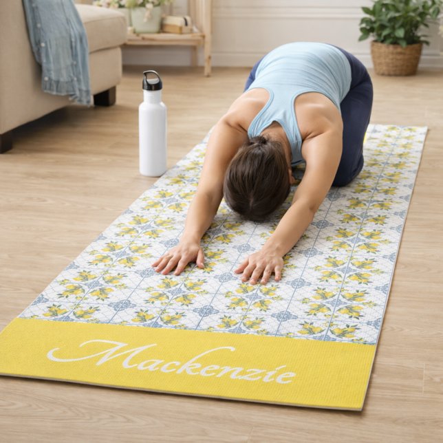 Tapis De Yoga Blue Watercolor French Country Lemon Name Monogram (Créateur téléchargé)