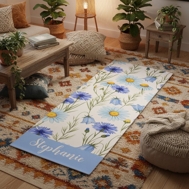 Tapis De Yoga Blue Watercolor Wildflower Monogram Name (Créateur téléchargé)