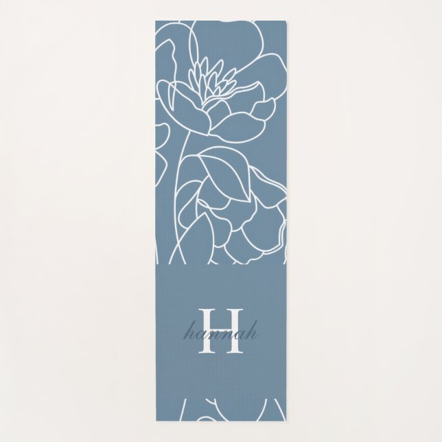 Tapis De Yoga Blue Wildflower Watercolor Custom Monogram Name (Devant)