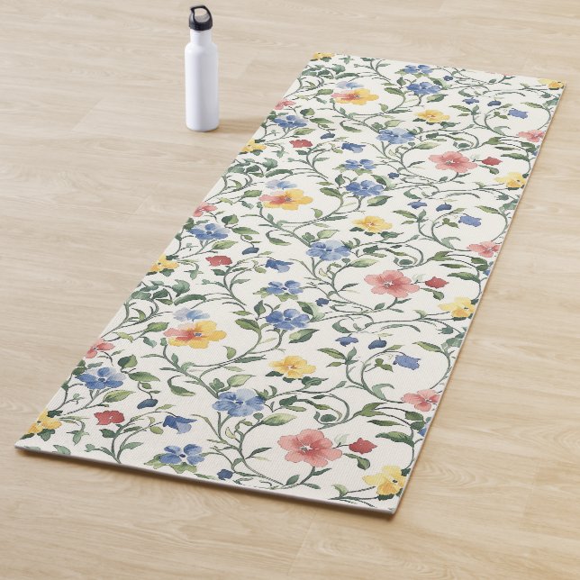 Tapis De Yoga Blue Yellow Watercolor Wildflower  (En situation)