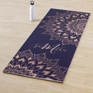 Tapis De Yoga Boho bleu marine rose en or mandala monogramme