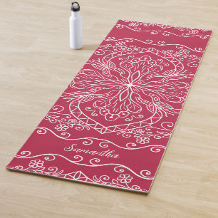 Tapis De Yoga Boho Magenta Rouge Rose Mandala Élégant Monogramme