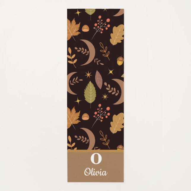 Tapis De Yoga Boho Moon avec feuilles d'automne monogrammées  (Devant)