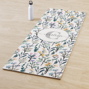 Tapis De Yoga Boho Watercolor Fleurs sauvages Motif Nom du monog
