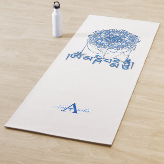 Tapis De Yoga Bouddhisme Mantra Mani En Bleu Avec Mandala