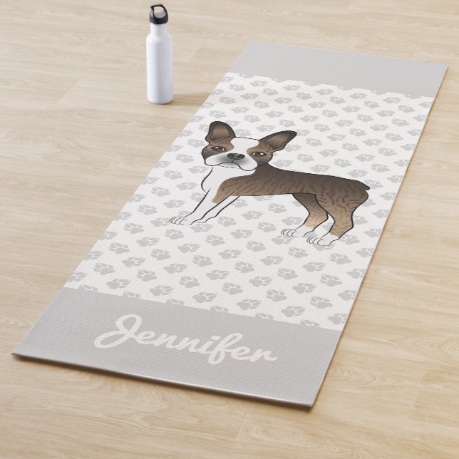 Tapis De Yoga Brindle Boston Terrier Cartoon Dog & Custom Name (En situation)