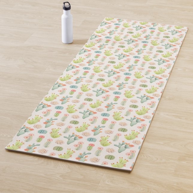 Tapis De Yoga Cactus en pastel mou et motif succulent (En situation)