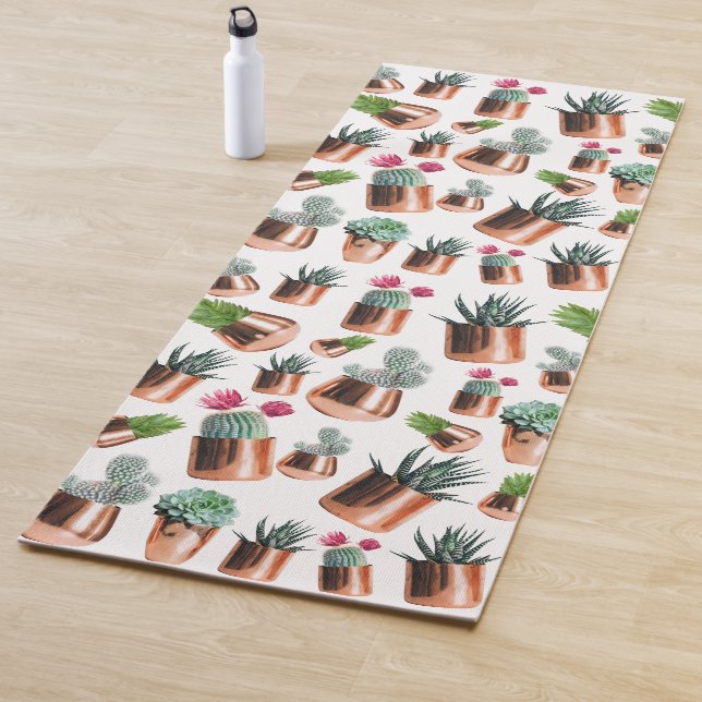Tapis De Yoga Cactus et succulents dans des pots d'or Roses (En situation)