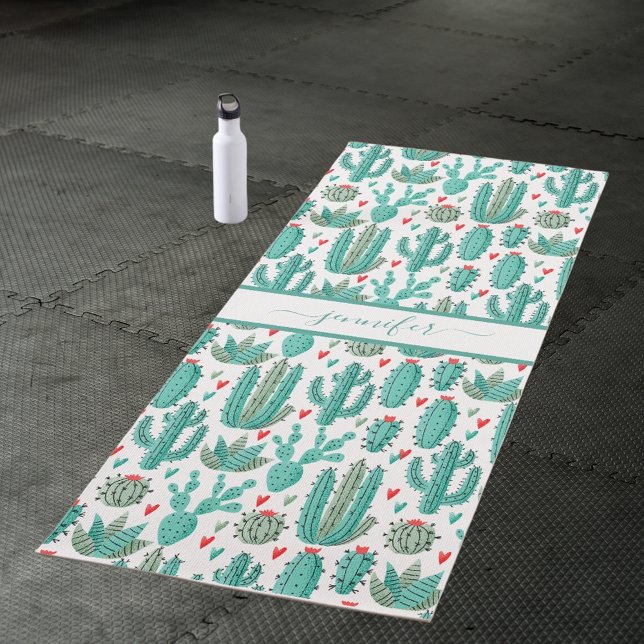 Tapis De Yoga Cactus fantaisiste motif vert blanc monogramme (Créateur téléchargé)