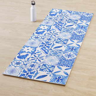 Tapis De Yoga Carreaux méditerranéens bleus vintage