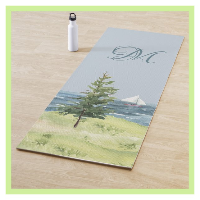Tapis De Yoga Charming Watercolor Lighthouse Monogramme côtier (Créateur téléchargé)