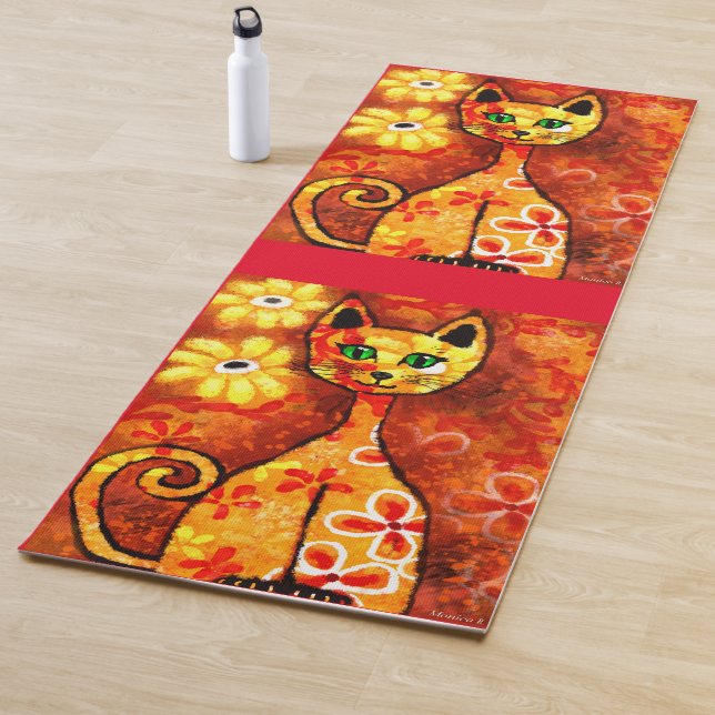 Tapis De Yoga Chat Whimsical Rétro Kitty Floral Orange Jaune Rou (En situation)