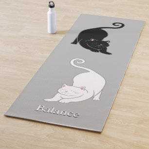 Tapis De Yoga Chats de yoga noir et blanc sur gris argenté clair