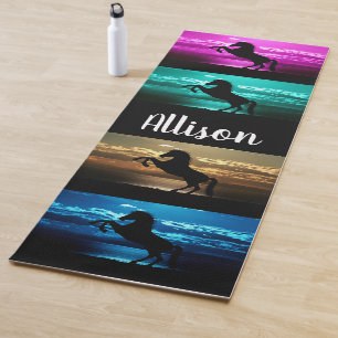 Tapis De Yoga Cheval noir violet, Bleu, Turquoise, Ciel doré & E