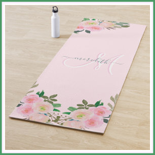 Tapis De Yoga Chic Blush rose Floral Nom personnalisé Monogramme