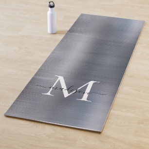 Tapis De Yoga Chic brossé métal argenté Gris Monogramme Script