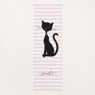 Tapis De Yoga Chic Chat Noir Nom Personnalisé Rose strié