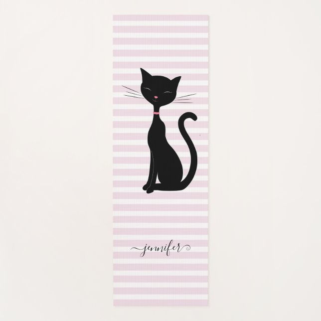 Tapis De Yoga Chic Chat Noir Nom Personnalisé Rose strié (Devant)