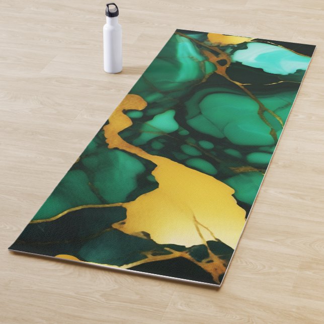Tapis De Yoga Chic Elegant vert foncé jaune Faux Marble (En situation)
