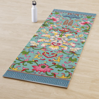 Tapis De Yoga Chine vintage Bouquet asiatique rose sur Aqua Blue