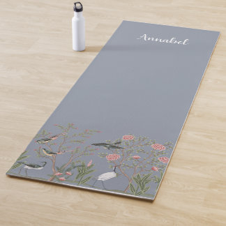 Tapis De Yoga Chinoiserie oiseaux et feuillage gris moyen