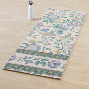 Tapis De Yoga Chinoiserie Vintage Oiseaux Motif Floral Pastel